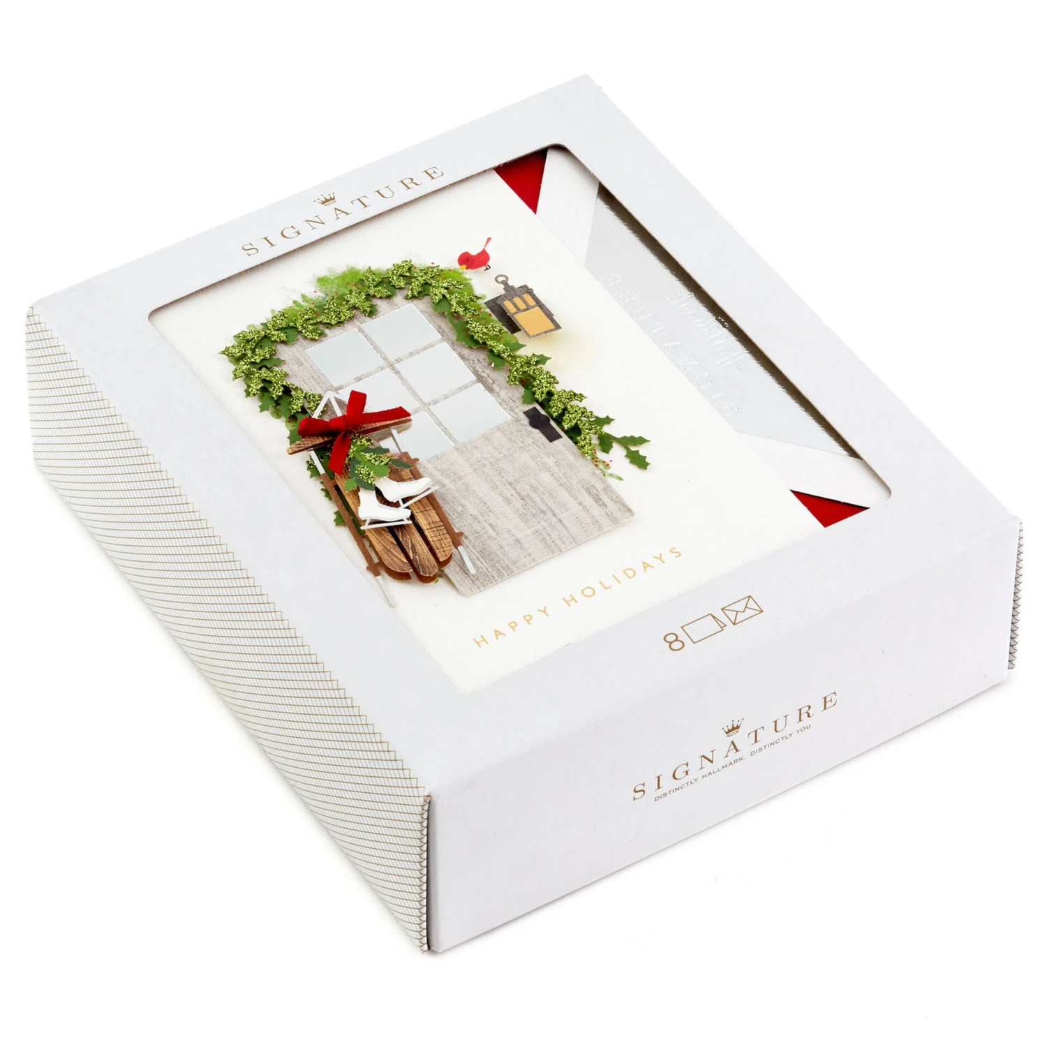 Hallmark Wood Door With Sled And Ice Skates Boxed Christmas Cards, Pack Of 8 1 Hallmark Wood Door With Sled And Ice Skates Boxed Christmas Cards, Pack Of 8